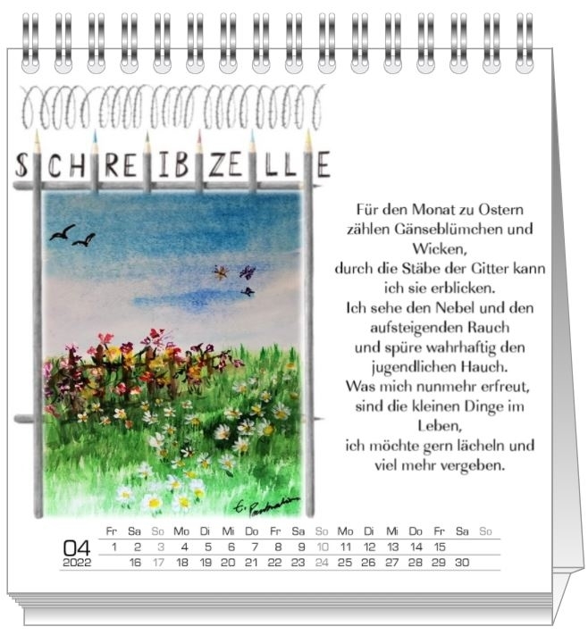 Ein Kalenderblatt für den Monat April des gestalteten Kalenders der Schreibzelle