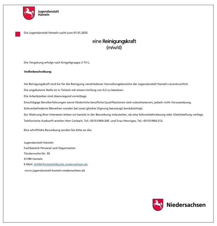 Stellenanzeige Reinigungskraft (m/w/d)