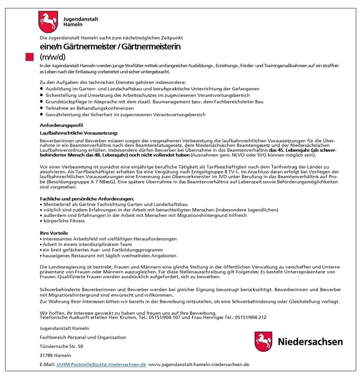 Gärtnermeister/in (mwd) gesucht