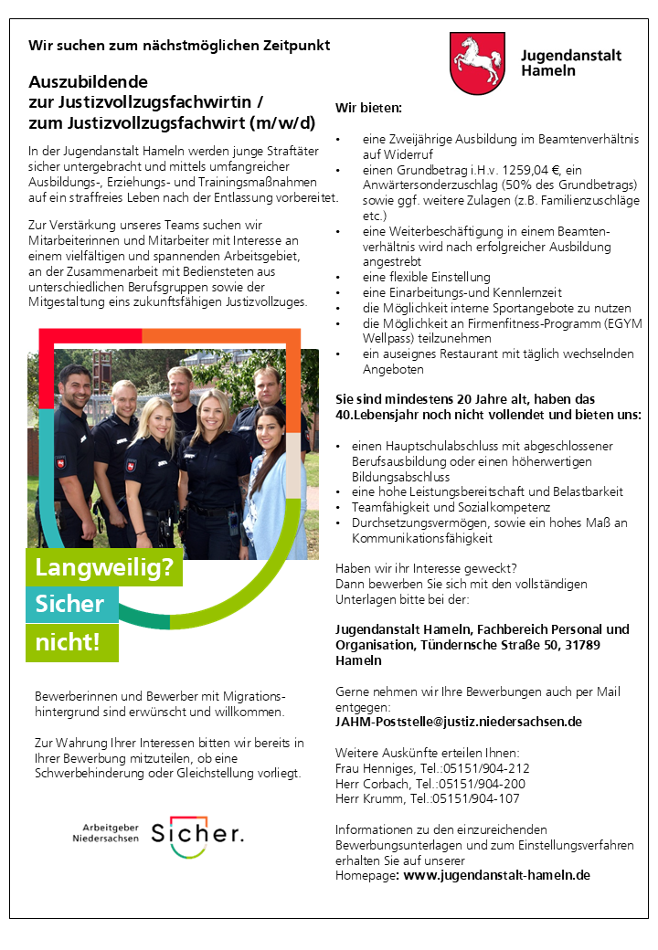 Stellenausschreibung Justizvollzugsfachwirt/in (m/w/d)