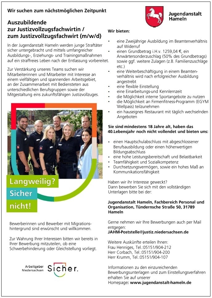 Stellenausschreibung Justizvollzugsfachwirt/in (m/w/d)