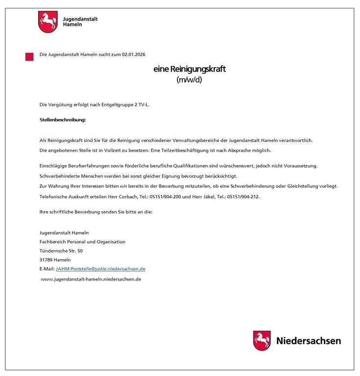 Stellenausschreibung Reinigungskraft