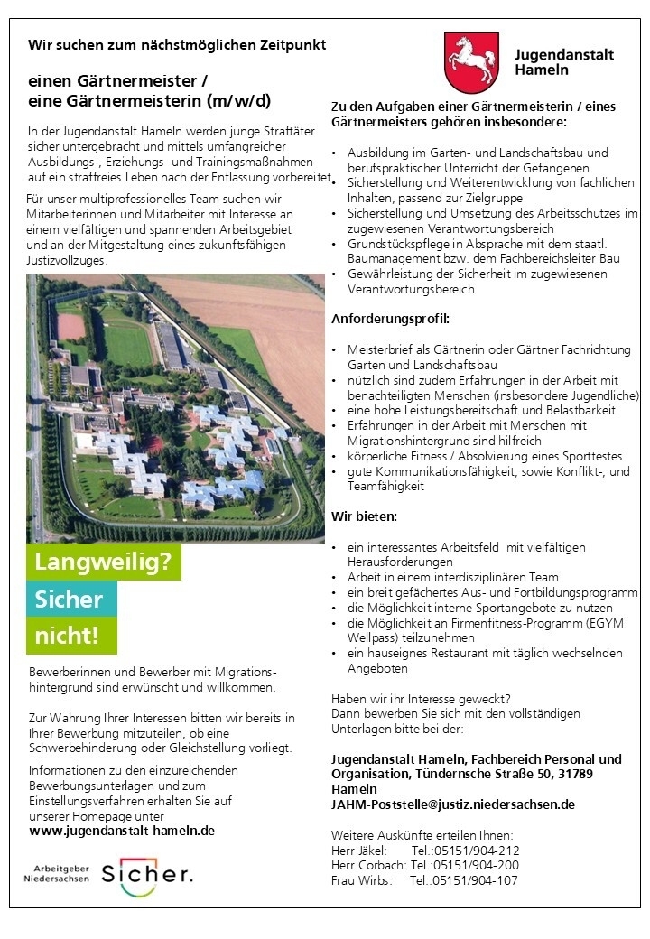 Stellenausschreibung Gärtnermeister / Gärtnermeister Hameln
